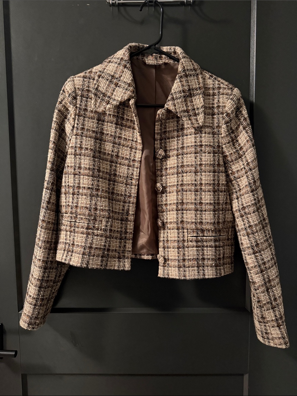 Cropped Plaid Tweed Jacket in Brown